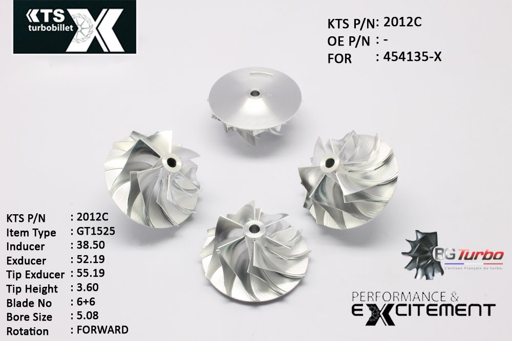 Turbo ROUE FORGÉE MFS PERFORMANCE - 6+6 PALES - INDUCER : 38,5 - EXDUCER : 52,19 - TYPE : GT15-25ANGLE : 70° - ROTATION : Forward - SUPER BACK : 2,39 - BORE SIZE : 5,08
